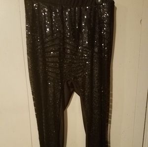 Black sequined satin pants
